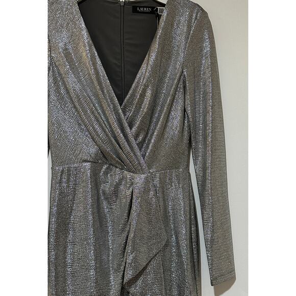 Lauren Ralph Lauren Metallic Knit Faux Wrap Ruffle Dress Size 6 NWT Cocktail - Picture 5 of 15